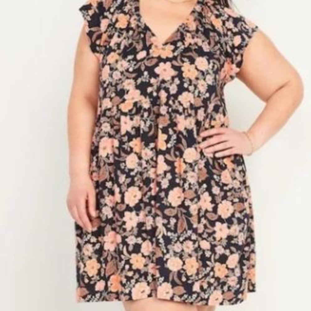 Old Navy V-Neck Tier Dress Flutter NWT - XXL Navy Floral Print Pockets